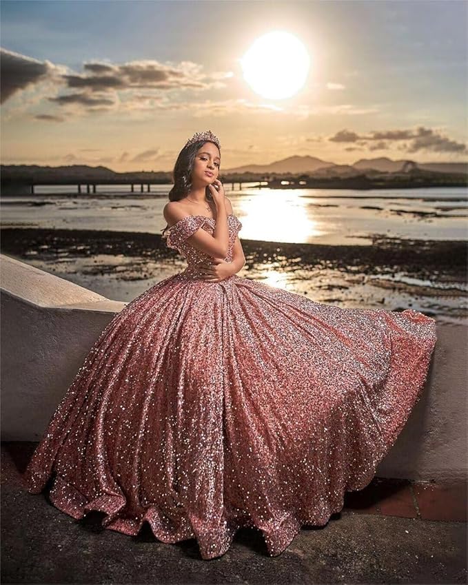 Quinceanera Dress Long Ball Gown Sparkly Sequin Off Shoulder V Neck Prom Dresses