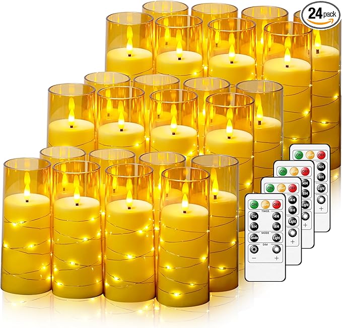Flickering Flameless LED Candles,Battery Operated Candles 24 Pcs with Embedded Star String,Acrylic LED Pillar Candles with Remote,Suitable for Home Decoration to Create an Atmosphere (Gold)