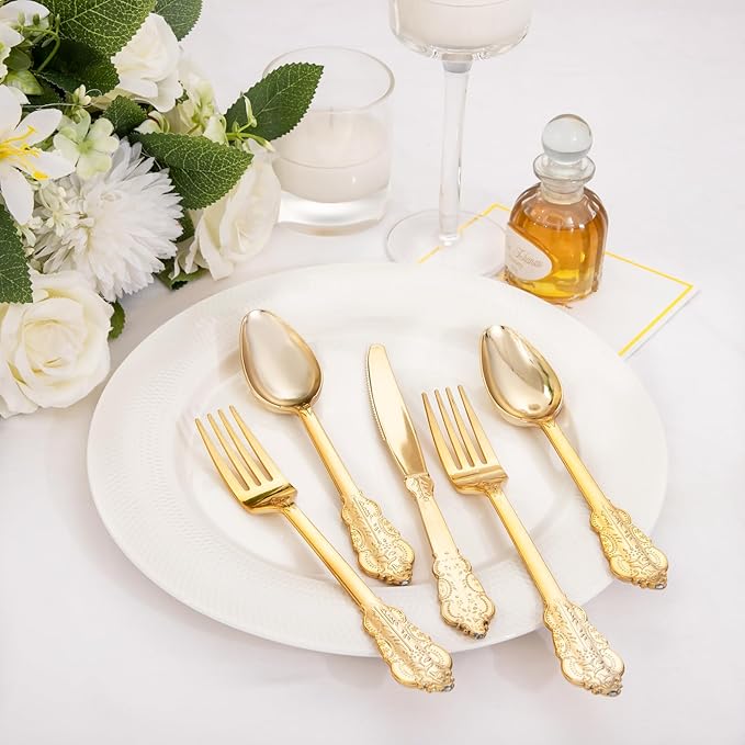 Supernal 360pcs Gold Plastic Silverware,Disposable Silvereware Heavy Duty, Gold Plastic Cutlery, 120 Plastic Forks and Spoons,Knives Perfect for Birthday, Wedding Halloween Thanksgiving Chirstmas