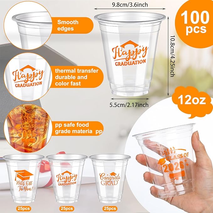 Eaasty 100 Pcs 12oz Graduation Cups 2026 Disposable Plastic Cups for Class of 2026 Graduation Party Congrats Grad Elegant Party Supplies Tableware Decorations (Orange)
