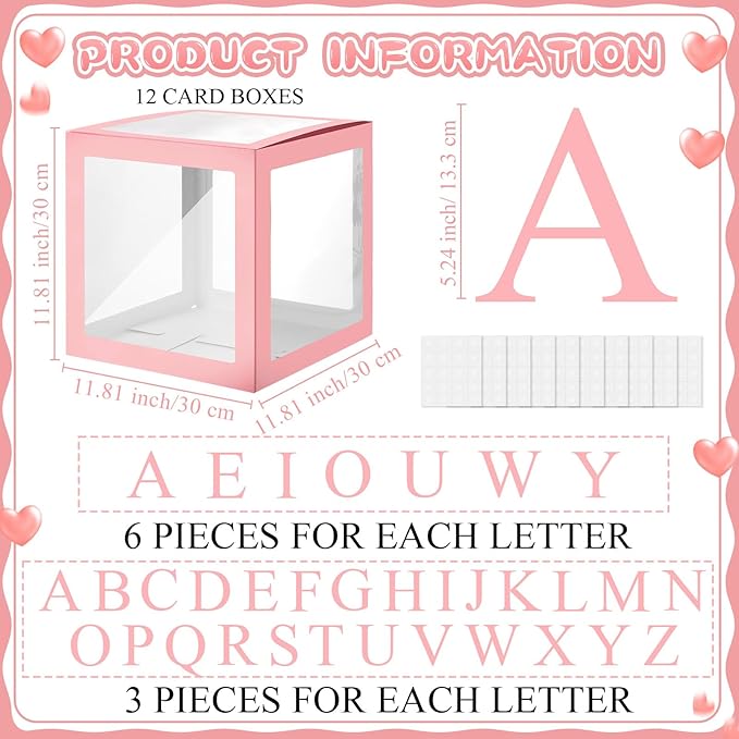 Thyle 12 Pcs Transparent Balloon Boxes Clear Balloon Boxes with 99 Letters for Baby Shower Gender Reveal Grad Birthday Party Bridal Wedding Anniversary Backdrop Decoration (Pink)
