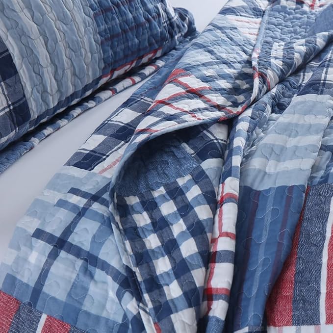 Cotton Bedding Quilt Sets Reversible Real Patchwork Coverlet Sets All Season Blue Bedspread, Plaid Patchwork Pattern,Queen Size