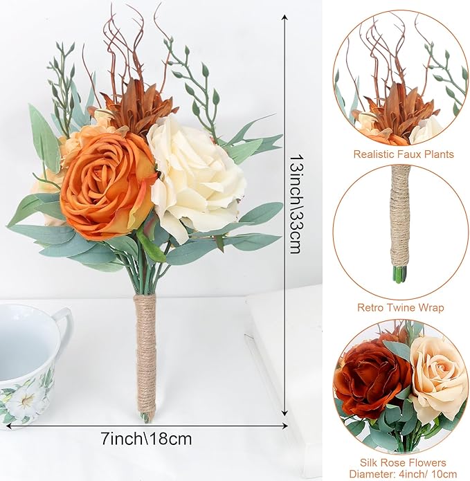 Bridesmaid Bouquets for Wedding - Set of 6 Artificial Flowers Bouquet for Fall Wedding Decoration Marriage Proposal Party Ceremony Anniversary Dining Table Centerpieces - Burnt Orange
