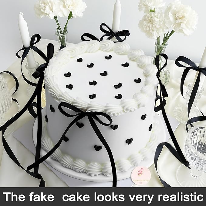 Remerry 6 Inch Black Bow White Round Fake Cake Funny Birthday Cake Decor Wedding Dessert Props Artificial White Dessert for Display Photography Women Birthday Wedding Gift