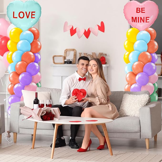 Kasyat 2 Set Valentines Day Balloon Column Stand Kit with 2 Candy Pastel Heart Love Foil Balloons, Valentines Day Arch Garland Stands for Valentine's Wedding Anniversary Party Supplies Decoration