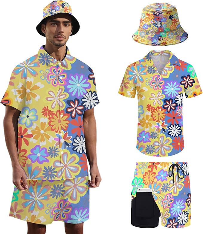 Men's Hawaiian Shirt and Shorts Set 2 Piece Beach Outfits with Bucket Hats for Beach Days and Summer Vibes