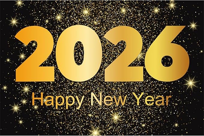 YongFoto 2026 Happy New Year Backdrop 10x7ft Gold Photography Background Merry Christmas Night Festival Carnival Family Celebration Party Banquet Decor Banner Photoshoot Wallpaper Photo Booth
