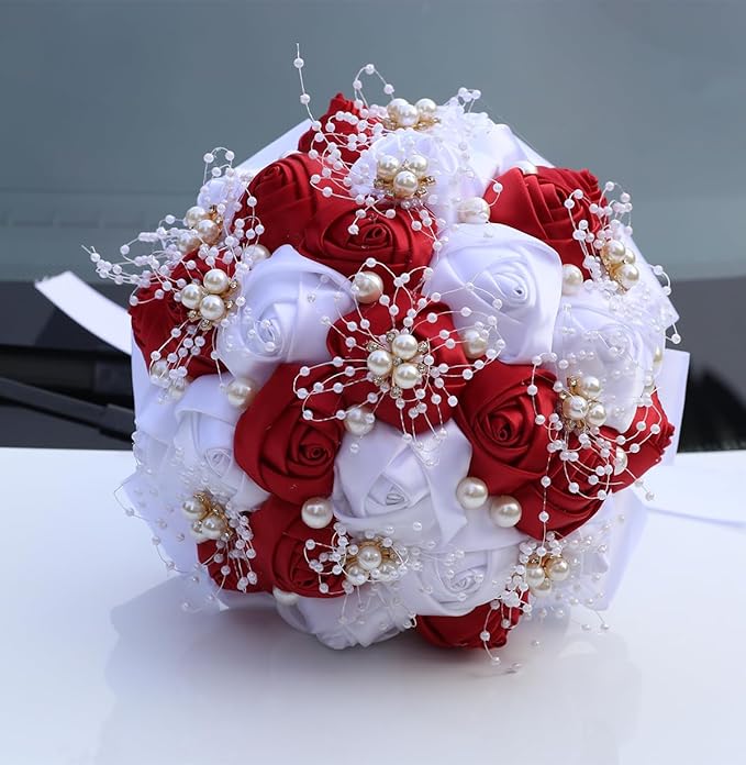 Handmade Wedding Bouquets for Bride Bridesmaid Brooch Bouquet Artificial Holding Flower Tossing Bouquet for Wedding Ceremony Anniversary(red/white-19cm)