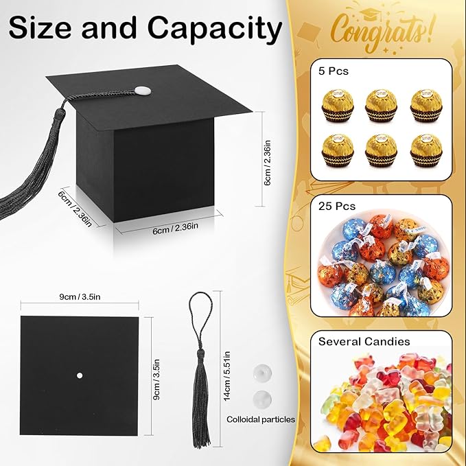 COTOPHER 100 Pcs Graduation Candy Boxes, Class of 2026 Graduation Cap Gift Boxes with Black Tassel, DIY Graduate Decoration Box for Ceremony Party Small Treat Chocolate Box