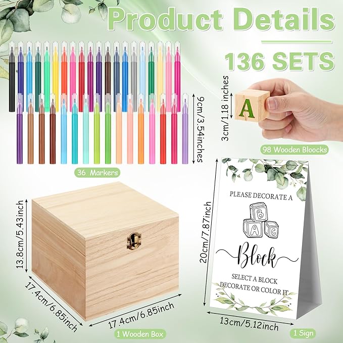 Marsui 136 Pcs Baby Shower Blocks to Decorate Game Kit Includes 98 Wooden Blocks, 36 Markers, 1 Game Sign, 1 Storage Box for Baby Shower Gender Reveal Activity Party Decorations(Leaf)