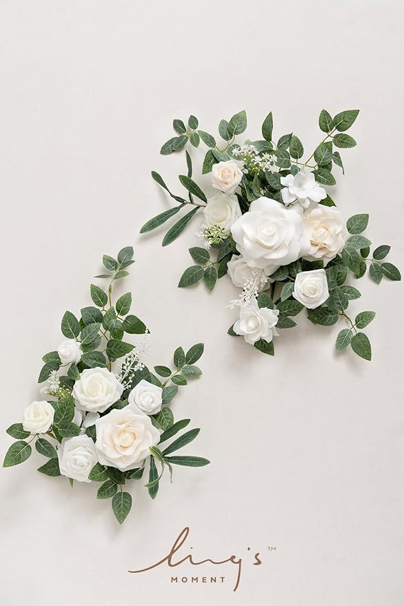 Ling's moment 2pcs White Wedding Artificial Floral Swag Welcome Sign Flowers Backdrop Garland Green for Ceremony Reception Door Wall Easel Home Decoration Entryway Faux Outdoor Board Table Decor