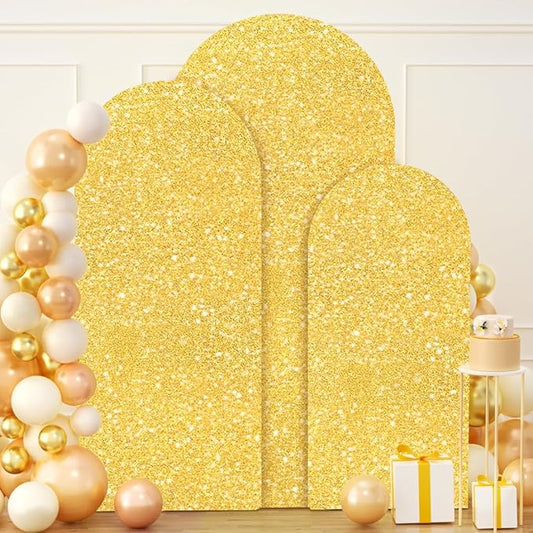 FUHSY Gold Arch Cover Set of 3 Sequin Backdrop Cover Chiara Spandex Cover for Arch Glitter Wedding Arch Covers Stretchy Backdrop Fabric for Birthday Party Balloon Arched Stand Decor 4ft 5ft 6ft
