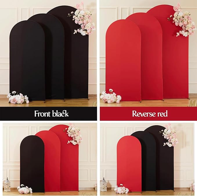 Arch Backdrop Cover Set of 3 - Spandex Arch Covers 7.2FT 6.6FT 6FT Stretchy Fabric Backdrop for Wedding Ceremony, Bridal Baby Shower, Birthday Party, Photo Booth Background Decor(Red and Black)
