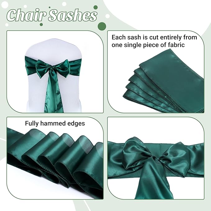 VDS Satin Chair Sashes Chair Cover Back Tie Sateen Bows Ribbon for Wedding Birthday Graduation Engagement Ceremony Event Party Banquet Venue Hotel All Dining Chair Decoration (150PC) (Hunter Green)