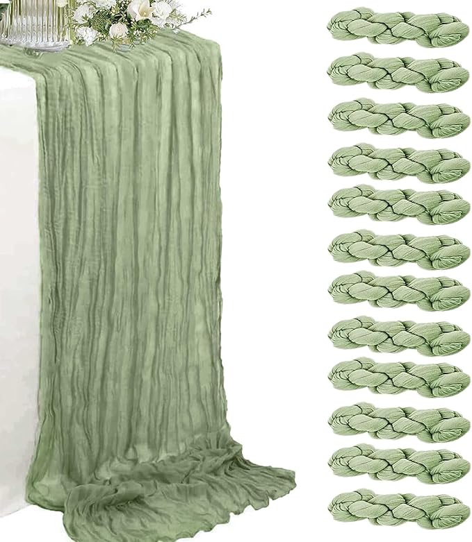 12 Pack Sage Green Cheesecloth Table Runner 35 x 120 Inch Gauze Fabric Boho Christmas Table Runner for Wedding Arch, Rustic Bridal Shower, Baby Shower, Party Decorations, Farmhouse Home Decor