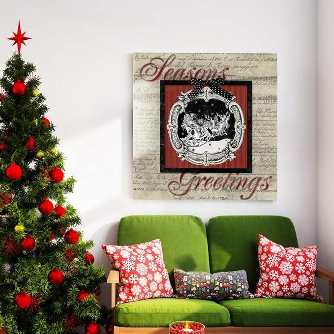 Renditions Gallery Season's Greetings Wall Art, Cute Winter Decor, Santa & his Reindeer, Antique Sheet Music Paper, Premium Gallery Wrapped Canvas, Ready to Hang, 32 in H x 10 in W, Made in America