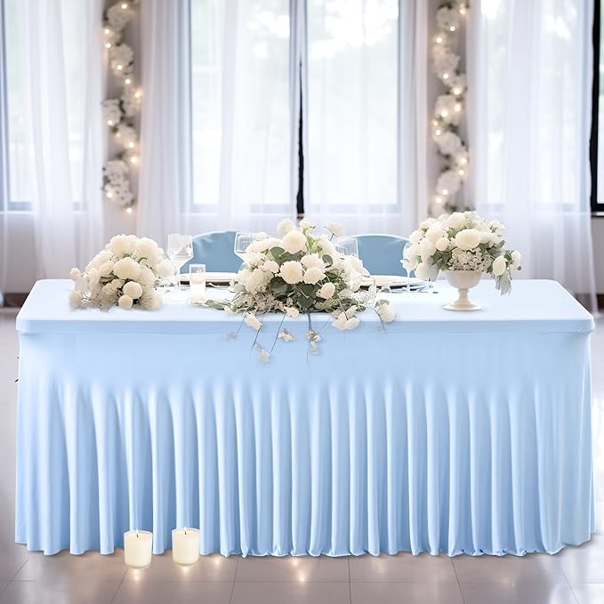 Wish Care 2 Pack Baby Blue Spandex Table Clothes for 8 Foot Rectangle Tables, 8FT Wrinkle Free Fitted Tablecloths Ruffles Design Table Cover for Party, Banquet, Wedding and Events