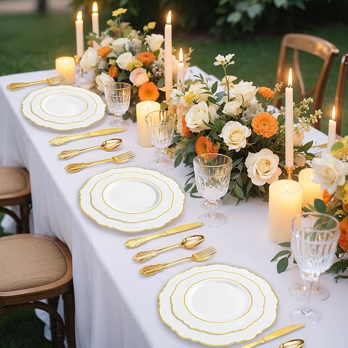 Liacere 700PCS Gold Plastic Plates - Baroque Dinnerware Sets for 100 Guests - 200 Disposable Plates（10inch，7inch）, 300 Gold Plastic Silverware, 100 Cups, 100 Napkins for Wedding & New Year
