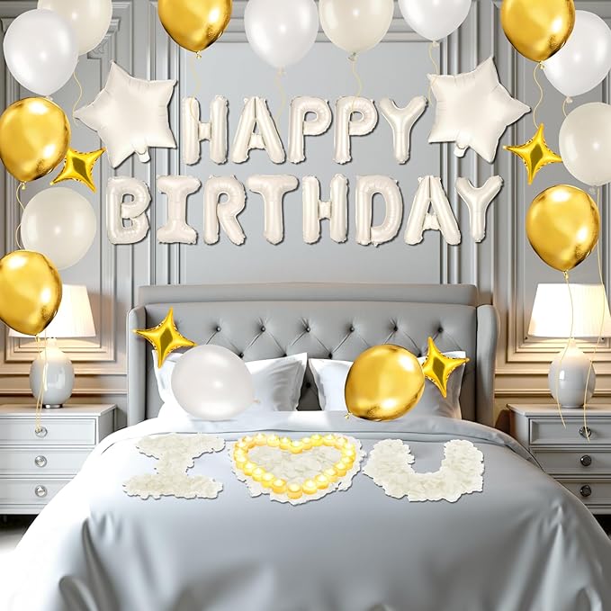 White Gold Happy Birthday Balloons Decorations Cream White Gold Birthday Balloon Letters Banner with 6 Pcs Star Balloons White Artificial Rose Petal 24 Flameless LED Candles for Room Hotel Party Decor