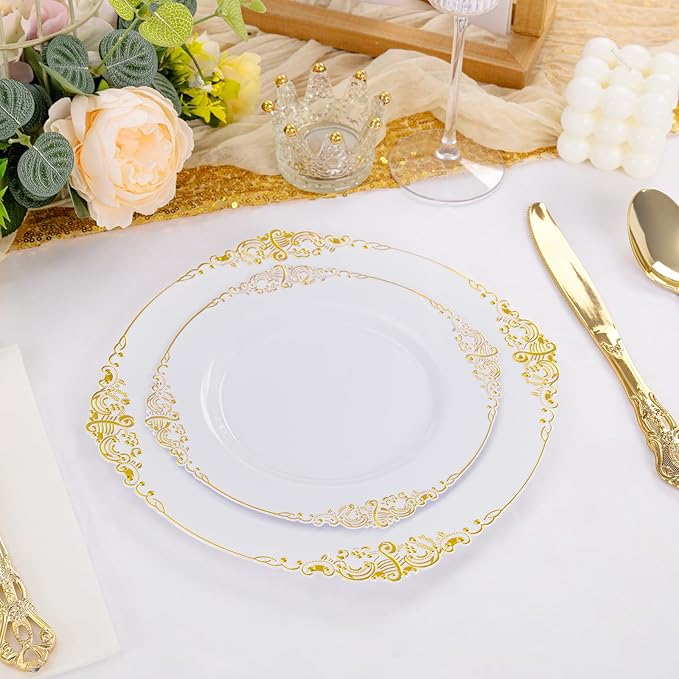 200PCS White and Gold Plates - Gold Plastic Plates - Fancy Disposable Plate - Gorgeous Dinner & Dessert Plate for 100 Guests for Wedding & Party