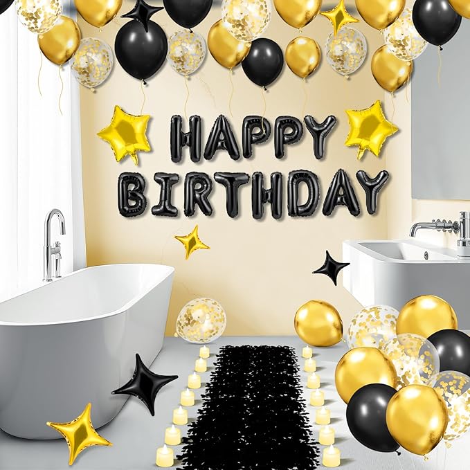 Black Gold Happy Birthday Balloons Decorations Black and Gold Birthday Balloon Letters Banner with 6 Pcs Star Balloons Black Artificial Rose Petals 24 Flameless LED Candles for Room Hotel Party Decor