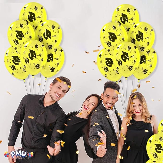 PMU 100 Pcs Yellow Graduation Balloons Class of 2025 with All-Over Print White Grad Caps-Confetti and Streamers | Graduation Party Supplies | Congratulations Grad Latex Balloons Latex