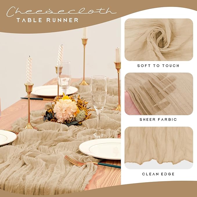 12 Pack Cheesecloth Table Runner 35 x 120 inch Long Boho Cheese Cloth Gauze Table Runners Semi Sheer Table Runner for Wedding Decor, Bridal Shower, Birthday Party (Beige)