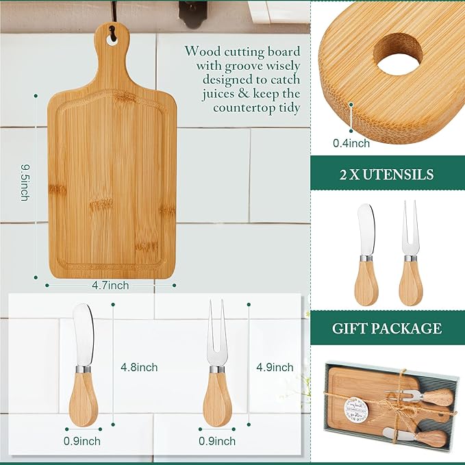 4 Set Bridal Baby Shower Cheese Prizes Wooden Square Board Gift Set Knives Forks Thank You Tags with Box for Guests for Valentines Bridal Baby Shower Housewarming Gifts (Bamboo Color)