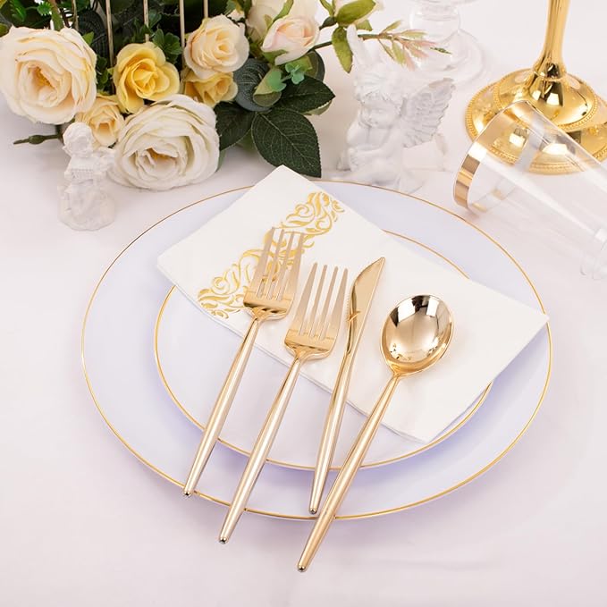 MirthMood 350Pcs White and Gold Dinnerware Set,Plastic plates Includes:50 Dinner Plates, 50 Dessert Plates, 150 Gold Plastic Cutlery,50 Paper Towels & 50 Cups for Party&Wedding