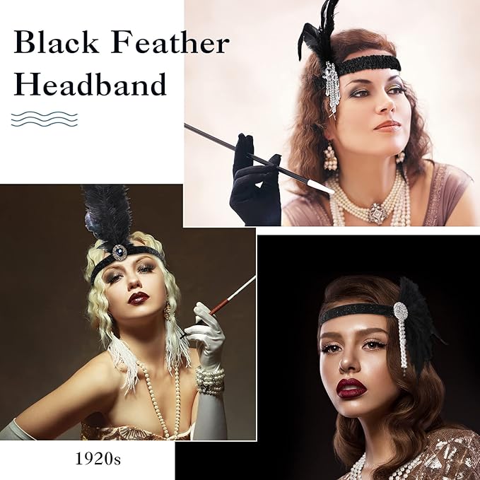 Yingzhao 20 Pcs 1920s Flapper Costume Headband Black Feather Headpiece 1920s Theme Party Accessories for Women