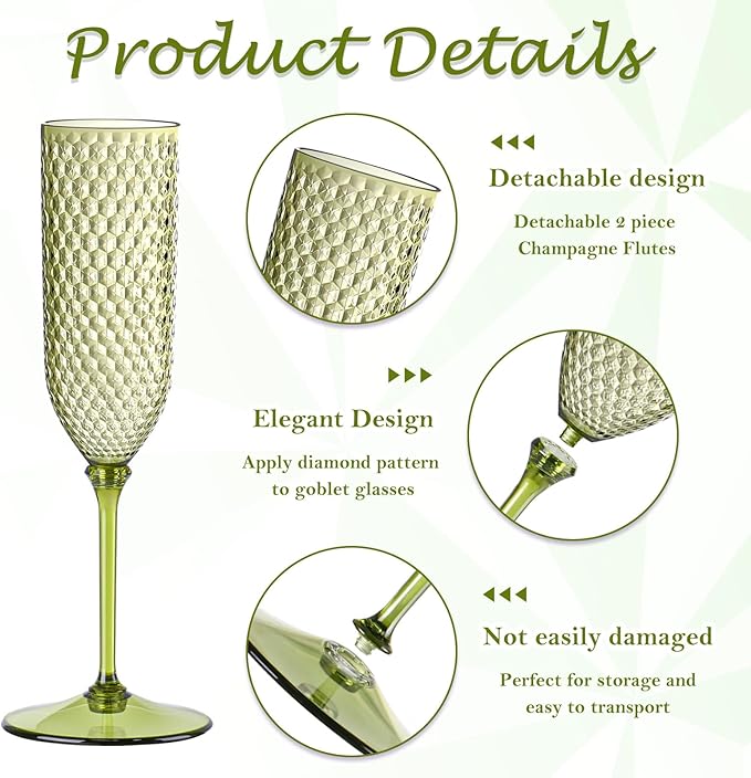 24 Pack Green Detachable 2 piece Champagne Flutes 5.5 Oz Unbreakable Plastic Mimosa Disposable Champagne Glasses Drinking Cups Stemmed Reusable Wine Toasting Glasses for Wedding (24, Olive Green)