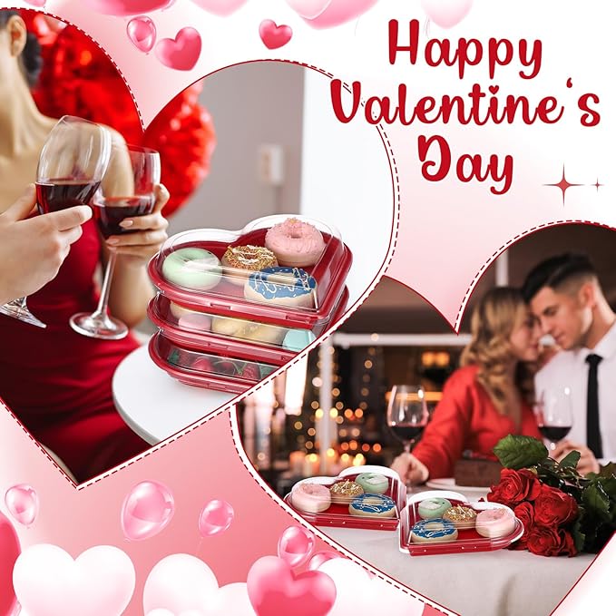 Macarrie 25 Pcs Valentine's Heart Shaped Serving Tray Platter 20 oz Heart Plates with Clear Lids Dessert Plates Snack Tray for Valentine Birthday Party Table Decoration (Red)