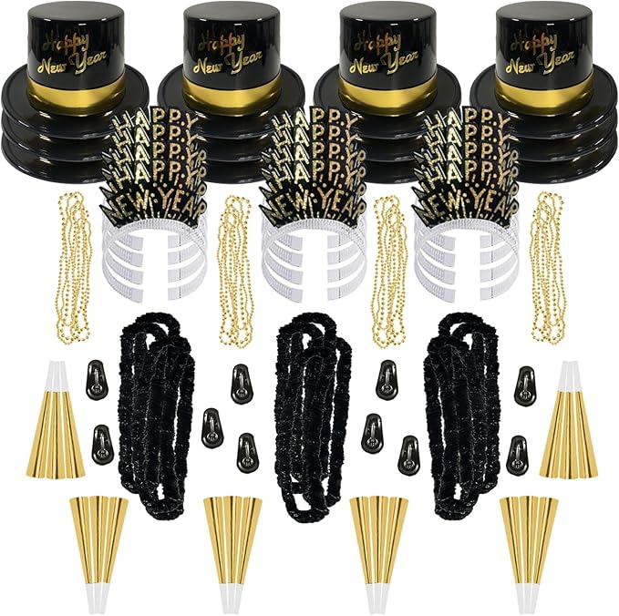 PMU New Year's Eve Party Supplies New Year's Eve Decorations Supplies, 2026 Gold Legend Illusion Party Kit Assortment for 25 Persons - Outfits for Adults, Men and Women (25/psn) Pkg/1