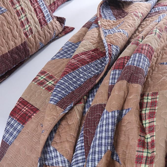 Cotton Bedding Quilt Sets Reversible Patchwork Coverlet Sets All Season Brown Bedspread, Mediterranean Star Pattern, Queen Size