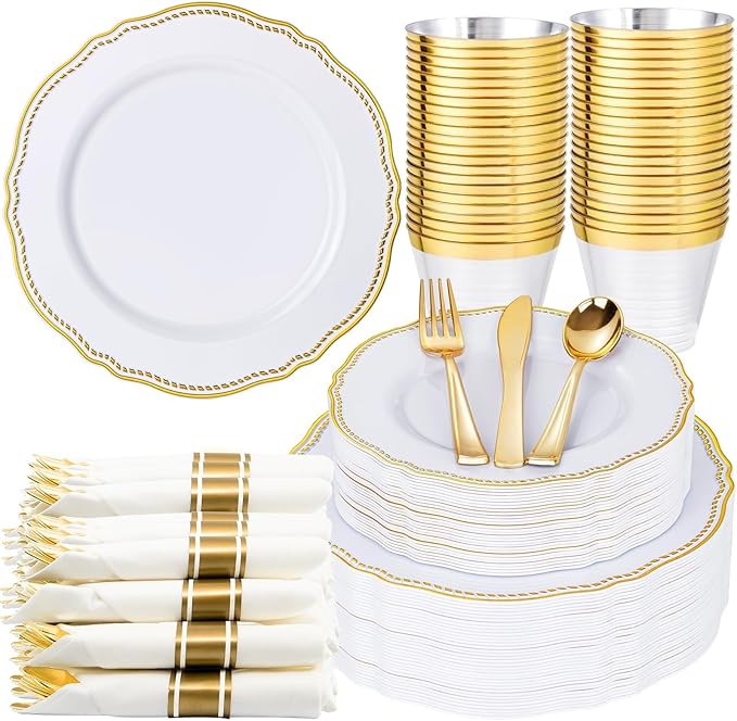 Hioasis 175pcs White and Gold Plastic Plates - Gold Plastic Dinnerware Set Includes 25 Dinner Plates, 25 Dessert Dinnerware, 25 Cups, 25 Rolled Napkin Cutlery Perfect for Wedding & Party