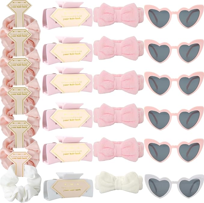 Bridesmaid Scrunchies Proposal Gifts square 4.1inch Bachelorette Hair Claws Clips Girls heart sunglasses headband gift for Wedding Party Favors (24, White&Pink)