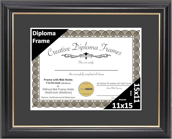 Creative Picture Frames 11" x 15" Rockefeller Black with Gold Rim Diploma Frame, Displays 11" x 15" Certificate or 16" x 20" Document without Mat, College Degree Frame, Full-Strength Glass, Black Mat
