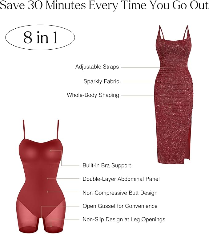 Popilush Shapewear Midi Dress Women's Sparkly Formal Wedding Guest Cocktail Dresses Fall Square Neck Ruched Dress Side Slit