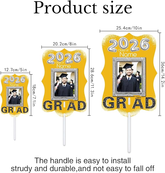 Personalized Graduation Double Sided Face Fan Class of 2026 Customized Graduation Head Face Cutout with Handle Fun Photo Prop Supplies(A-Gold and Black,24pcs)