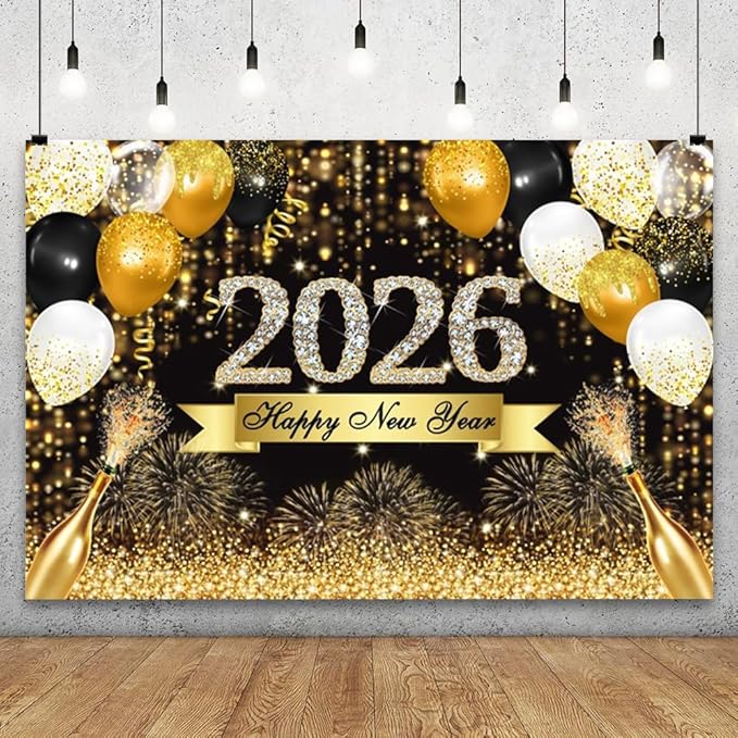 YongFoto 2026 Happy New Year Backdrop 10x7ft Gold Balloons Champagne Fireworks Photography Background Christmas Festival Carnival Family Party Banquet Decor Banner Photoshoot Wallpaper Photo Booth