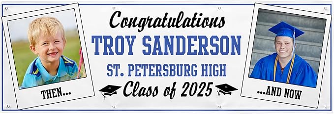 Let's Make Memories Personalized 8ft Graduation Banner - Graduation Party Decorations - Customized Congratulations Banner - Class of 2025 - Indoor/Outdoor Vinyl - How Time Flies - Blue - 8 ft