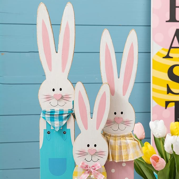 Glitzhome 30" H Easter Wooden Bunny Family Standing Porch Sign, Easter Welcome Sign Decorations for Home or Yard
