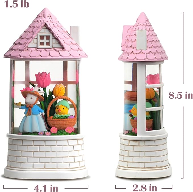 Easter Snow Globe Lantern Bunny Easter Decorations for Home with Timer Swirling Glitter, Lighted Indoor Decor Gifts with Basket Eggs Chicken, USB or Battery Operated