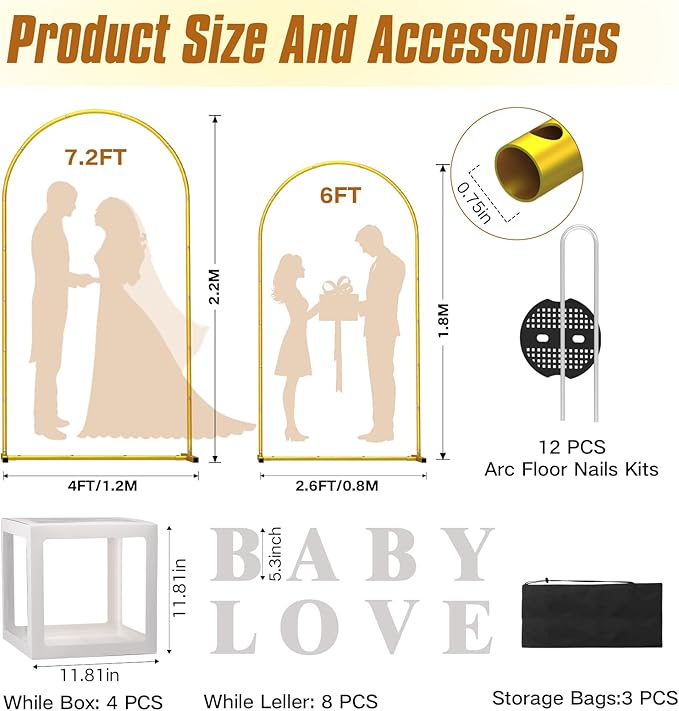 Wedding Arch Backdrop Stand and Covers Set of 2 (7.2FT & 6FT),Double-Color Spandex Fitted Arch Covers Balloon Arch Stand for Wedding/Baby/Shower/Birthday/Party Decor/Indoor Outdoor Use (White+Cream)