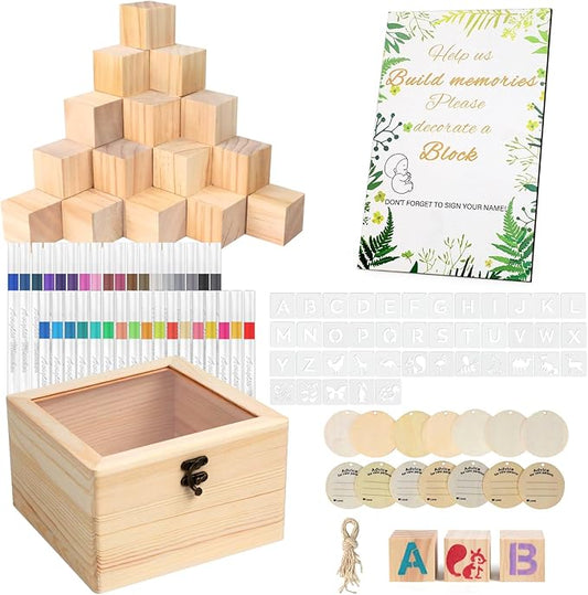 144 Pcs Baby Shower Games Sign Kit, Including 50 DIY Blank Wooden Blocks, 41 Stencils, 36 Acrylic Paint Markers, 15 Advice Cards, 1 Game Sign, 1 Storage Box for Baby Shower Games, Gender Reveal Party