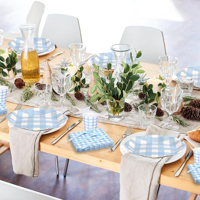 416 Pcs Blue Gingham Party Supplies - For 52 Guests Paper Plates And Napkins Knives Spoons Forks Cups - Disposable Checkered Dinner Party Set Cutlery - For BBQ Baby Shower Bridal Shower Wedding
