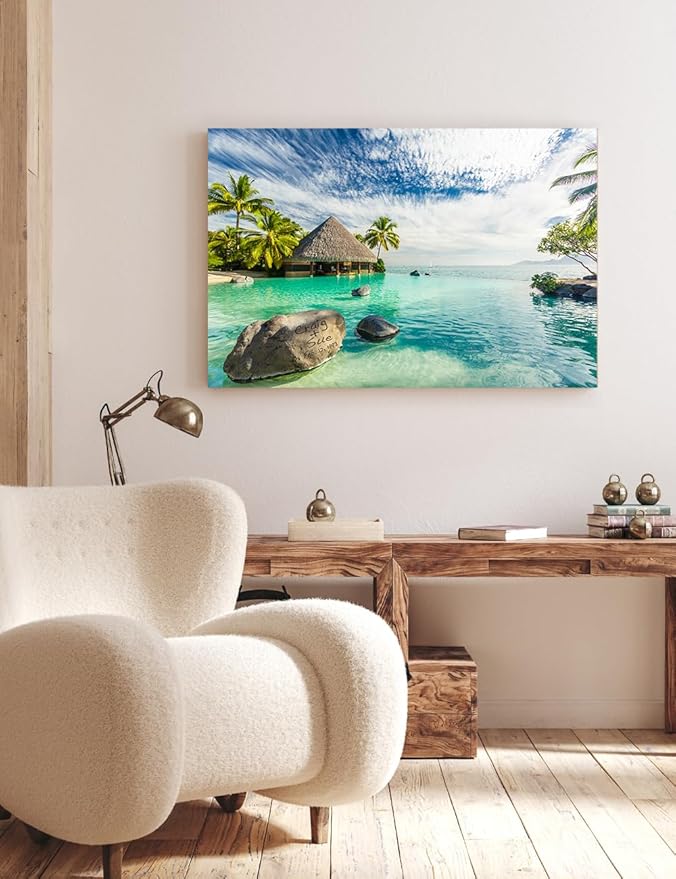 IPIC - "Tropical Memories Personalized Canvas Wall Art, Custom Beach Canvas Print with Name and Date on Rock, A Personalized Gift for Couple, Wedding, or Anniversary, Coastal Home Decor