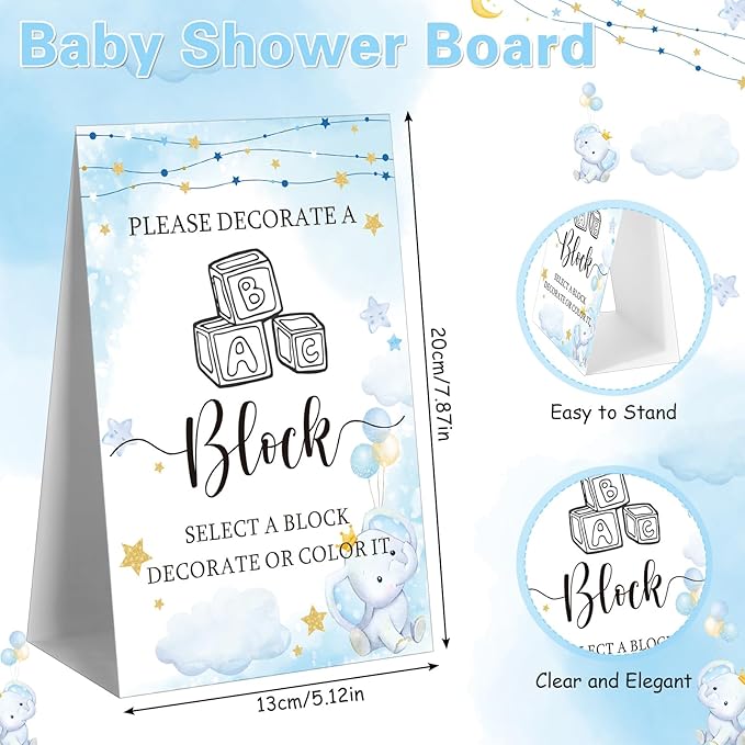 Marsui 136 Pcs Baby Shower Blocks to Decorate Game Kit Includes 98 Wooden Blocks, 36 Markers, 1 Game Sign, 1 Storage Box for Baby Shower Gender Reveal Activity Party Decorations(Blue Elephant)