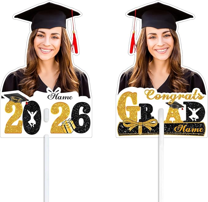 Personalized Graduation Face Fan 2026 Grade Custom Double Sided Face Cutout Fan with Handle Photo Booth Prop Party Supplies(B-Black and Gold,24pcs)