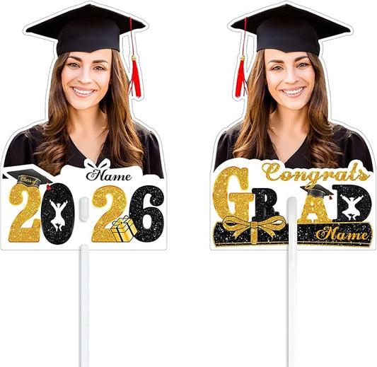 Personalized Graduation Face Fan 2026 Grade Custom Double Sided Face Cutout Fan with Handle Photo Booth Prop Party Supplies(B-Black and Gold,24pcs)